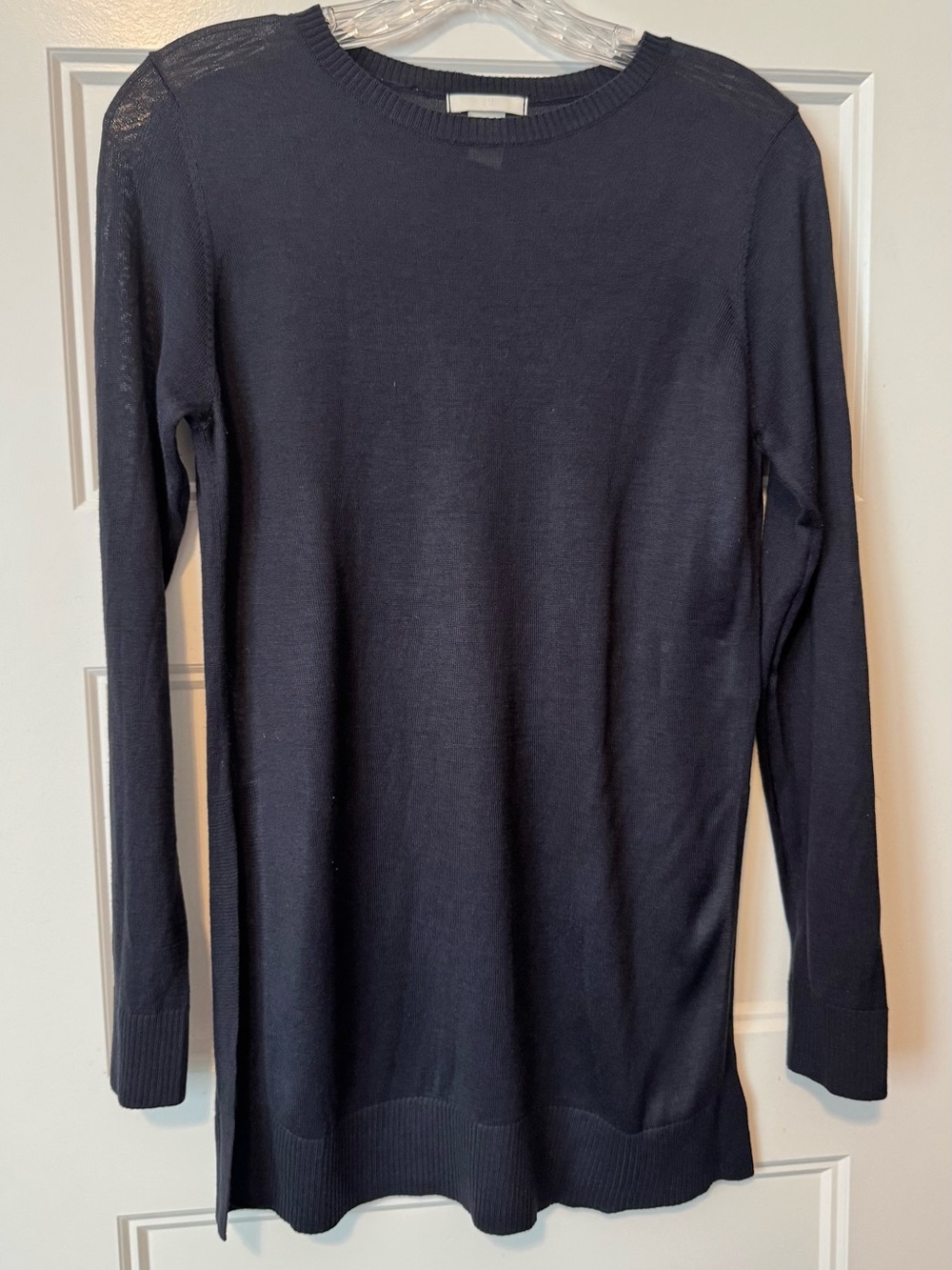 H&M Navy Lightweight Longline Sweater XS Side Slit Crew Neck Knit Tunic